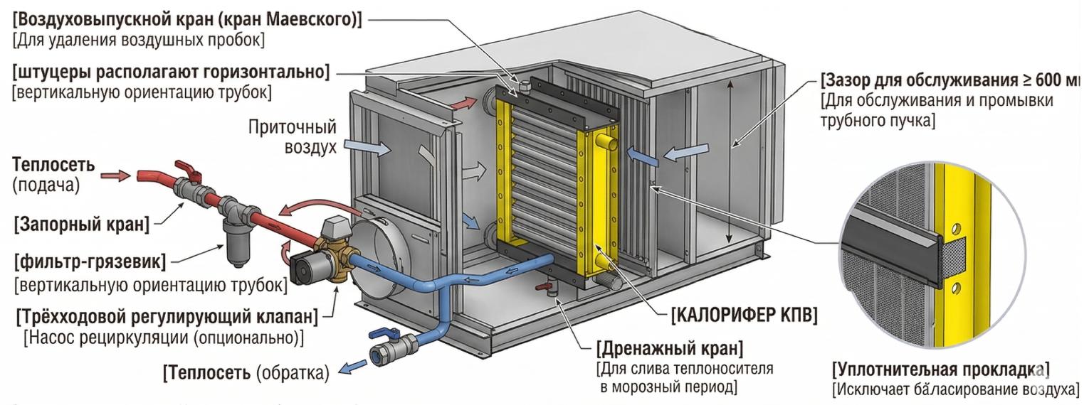 Типова схема гідравлічної обв'язки водяного калорифера виробника КПТС у виробничому цеху
